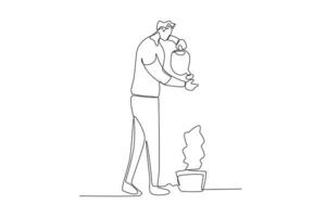 Continuous one line drawing a man is watering a plant vector