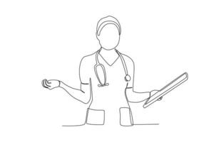 One single line drawing of a midwives who are confused with patient data vector