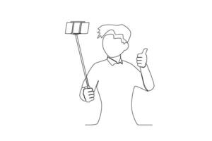 One continuous line drawing of a The male vlogger gives a thumbs up as a sign that the vlog is ending vector