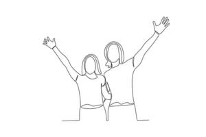 Single continuous line drawing of Two friends greet their friends vector