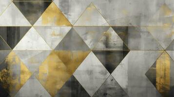 Dark grey and golden triangles on grunge wall background. Generative AI photo