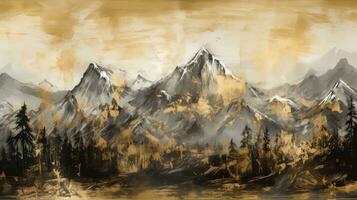 Grunge grey golden watercolor mountains landscape. Generative AI photo