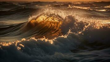 Golden sea wave in the sunset sunlight. Generative AI photo