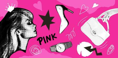 Collage design elements in trendy dotted pop art style with girl, shoes, watch, handbag.Retro halftone effect.Glamorous trendy pinkcore accessories set. Vintage vector set. Nostalgic pink 2000s style.