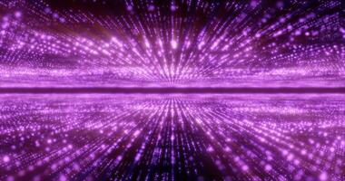 Abstract purple energy hi-tech lines and digital particles fly in a tunnel with bokeh effect glowing background photo