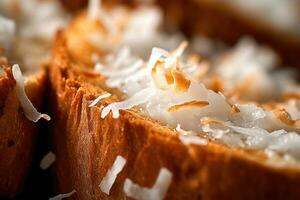 Coconut toast, macro shot of a fresh breakfast with Dripping Honey, AI Generated photo