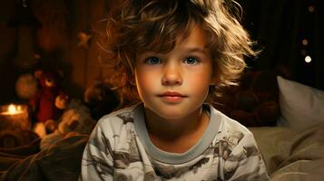 retrato de un pequeño sonriente niño con rubio pelo en su habitación foto