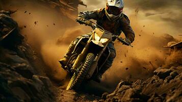 A motorcyclist on a motorcycle quickly rides through the dirt and dust on the track during a motocross competition photo