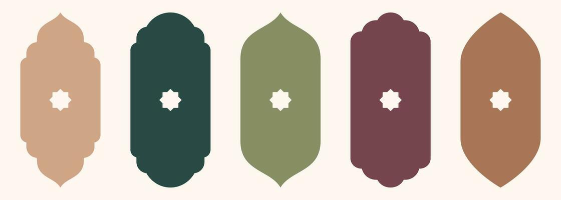 Shape Islamic door and window silhouette Arabic arch with symbols . Collection of patterns in oriental style. Frames in Arabic Muslim design for Ramadan Kareem. Vector mosque gate isolated on white.