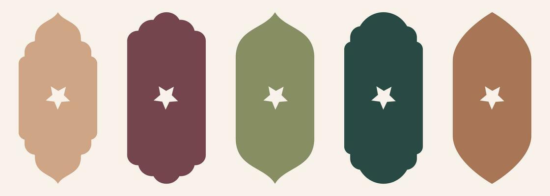 Shape Islamic door and window silhouette Arabic arch with symbols . Collection of patterns in oriental style. Frames in Arabic Muslim design for Ramadan Kareem. Vector mosque gate isolated on white.