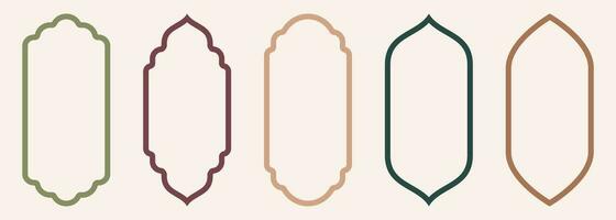 Shape Islamic door and window silhouette Arabic arch. Collection of patterns in oriental style. Frames in Arabic Muslim design for Ramadan Kareem. Vector mosque gate stroke isolated on white