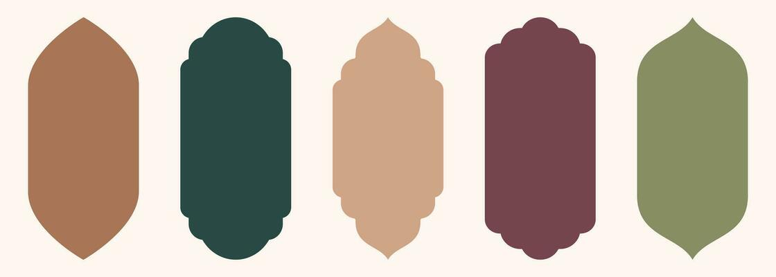 Shape Islamic door and window silhouette Arabic arch with symbols . Collection of patterns in oriental style. Frames in Arabic Muslim design for Ramadan Kareem. Vector mosque gate isolated on white.