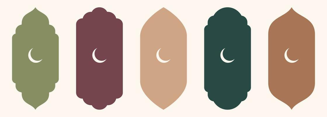 Shape Islamic door and window silhouette Arabic arch with symbols . Collection of patterns in oriental style. Frames in Arabic Muslim design for Ramadan Kareem. Vector mosque gate isolated on white.