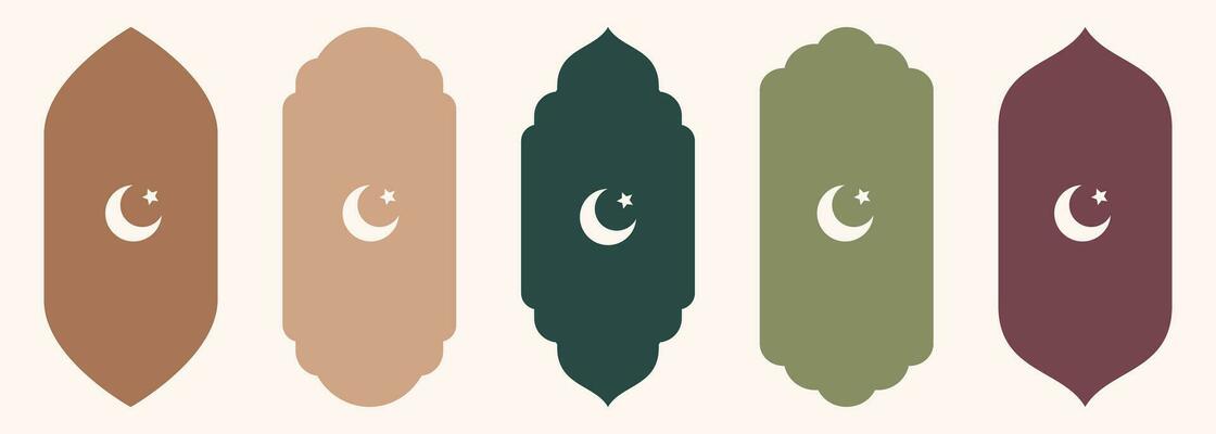 Shape Islamic window Hilal symbol silhouette Arabic arch. Collection of patterns in oriental style. Frames in Arabic Muslim design for Ramadan Kareem. Vector mosque gate shape isolated on white
