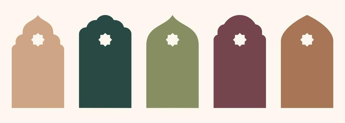 Shape Islamic door and window silhouette Arabic arch with symbols . Collection of patterns in oriental style. Frames in Arabic Muslim design for Ramadan Kareem. Vector mosque gate isolated on white.