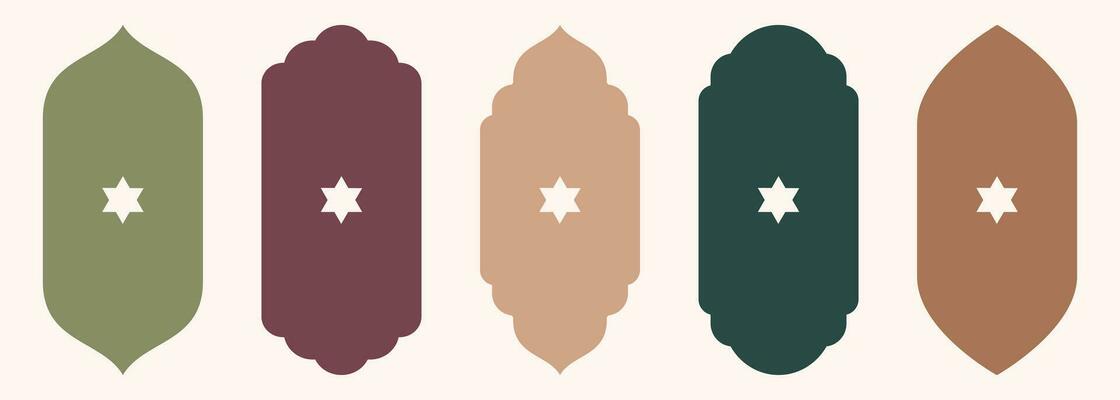 Shape Islamic door and window silhouette Arabic arch with symbols . Collection of patterns in oriental style. Frames in Arabic Muslim design for Ramadan Kareem. Vector mosque gate isolated on white.