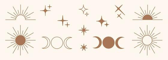 Modern minimalist aesthetic line element set in trendy boho style. Modern Y2K linear and silhouette vector design outline elements - geometric form sun, moon, star, sparkle, for social media, poster.