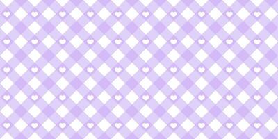 Gingham heart diagonal seamless pattern in purple pastel color. Vichy plaid design for Easter holiday textile decorative. Vector checkered pattern for fabric - blanket, tablecloth, dress, napkin.