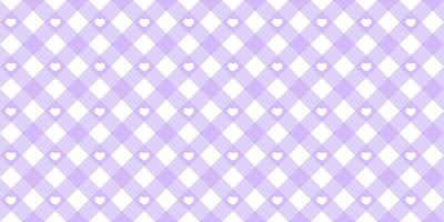 Gingham heart diagonal seamless pattern in purple pastel color. Vichy plaid design for Easter holiday textile decorative. Vector checkered pattern for fabric - blanket, tablecloth, dress, napkin.