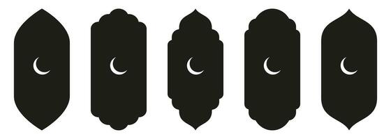 Shape Islamic door and window silhouette Arabic arch with symbols . Collection of patterns in oriental style. Frames in Arabic Muslim design for Ramadan Kareem. Vector mosque gate isolated on white.