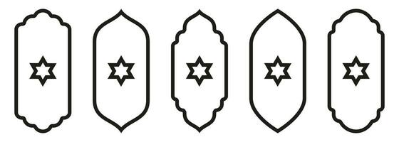 Shape Islamic door and window silhouette Arabic arch with symbols . Collection of patterns in oriental style. Frames in Arabic Muslim for Ramadan Kareem. Vector mosque gate stroke isolated on white.