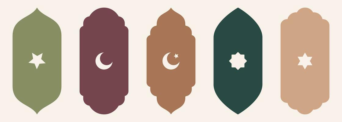 Shape Islamic door and window silhouette Arabic arch with religion symbols . Collection of patterns in oriental style. Frames in Arabic Muslim design for Ramadan Kareem. Vector mosque gate isolated