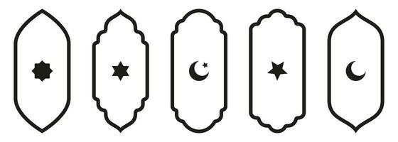 Shape Islamic door and window silhouette Arabic arch with symbols . Collection of patterns in oriental style. Frames in Arabic Muslim for Ramadan Kareem. Vector mosque gate stroke isolated on white.