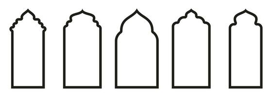 Shape Islamic door and window silhouette Arabic arch. Collection of patterns in oriental style. Frames in Arabic Muslim design for Ramadan Kareem. Vector mosque gate stroke isolated on white