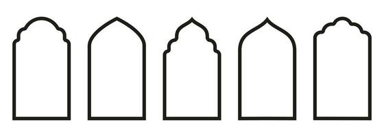 Shape Islamic door and window silhouette Arabic arch with symbols . Collection of patterns in oriental style. Frames in Arabic Muslim for Ramadan Kareem. Vector mosque gate stroke isolated on white.