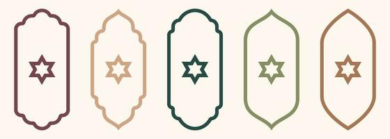 Shape Islamic door and window silhouette Arabic arch with symbols . Collection of patterns in oriental style. Frames in Arabic Muslim for Ramadan Kareem. Vector mosque gate stroke isolated on white.
