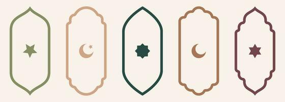 Shape Islamic door and window silhouette Arabic arch with symbols . Collection of patterns in oriental style. Frames in Arabic Muslim for Ramadan Kareem. Vector mosque gate stroke isolated on white.