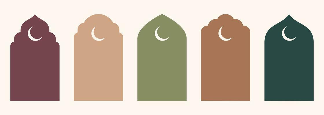 Shape Islamic door and window silhouette Arabic arch with symbols . Collection of patterns in oriental style. Frames in Arabic Muslim design for Ramadan Kareem. Vector mosque gate isolated on white.