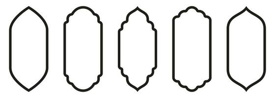 Shape Islamic door and window silhouette Arabic arch with symbols . Collection of patterns in oriental style. Frames in Arabic Muslim for Ramadan Kareem. Vector mosque gate stroke isolated on white.