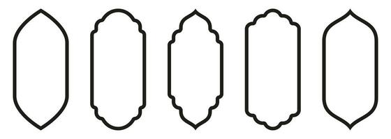 Shape Islamic door and window silhouette Arabic arch with symbols . Collection of patterns in oriental style. Frames in Arabic Muslim for Ramadan Kareem. Vector mosque gate stroke isolated on white.