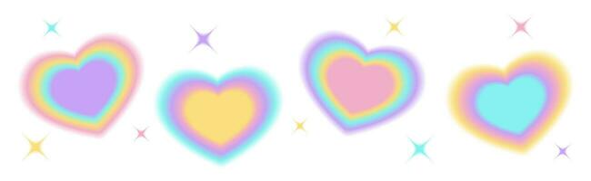 Y2k blurry gradient heart shape with sparkle or stars. Pastel holographic aura elements, aesthetic retro shapes with blur effect. Isolated vector illustration of 90s-2000s psychedelic style.