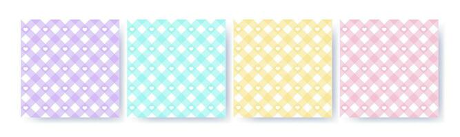 Gingham heart diagonal seamless pattern set in pastel colors. Vichy plaid design for Easter holiday textile decorative. Vector checkered pattern for fabric - picnic blanket, tablecloth, dress, napkin.