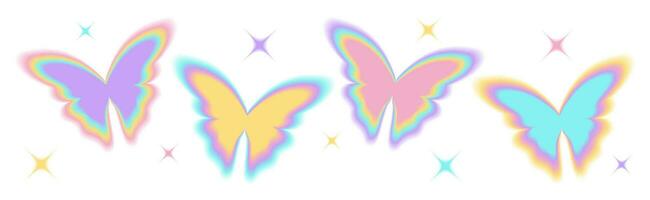 Y2k blurry gradient butterfly shape with sparkle or stars. Pastel holographic aura elements, aesthetic retro shapes with blur effect. Isolated vector illustration of 90s-2000s psychedelic style.