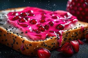 Dragonfruit toast, macro shot of a fresh breakfast with Dripping Honey, AI Generated photo