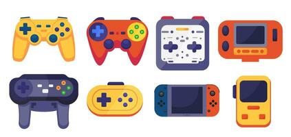 Game joystick, video game console, playing controller, gamepad set. Digital gadgets, joypad retro 90s style vector