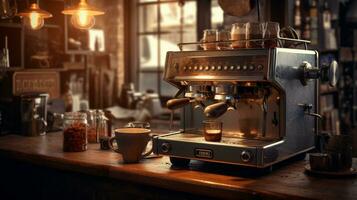 foto de café fabricante máquina en barista mesa en acogedor cafe