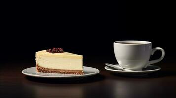 photo of a cup of coffee with cheese cake isolated on black background