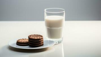 Photo of a glass of milk with chocolate biscuits on a minimalist table