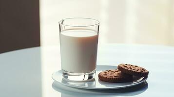 Photo of a glass of milk with chocolate biscuits on a minimalist table