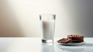 Photo of a glass of milk with chocolate biscuits on a minimalist table