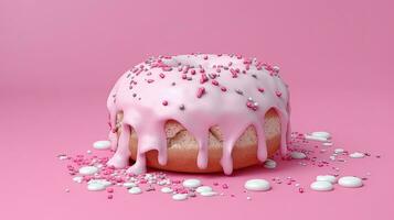 Bitten pink icing donut with marshmallows on pink background, AI Generated photo