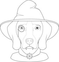 Halloween greeting card for coloring. Weimaraner dog dressed as a vampire with fangs, monocle, cape and black hat vector