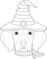 Halloween greeting card for coloring. Beagle dog dressed as a witch with black and green hat and scarf vector