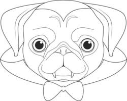 Halloween greeting card for coloring. Pug dog dressed as a vampire with fangs, bow tie and cape vector