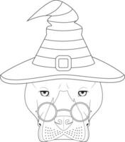 Halloween greeting card for coloring. American Staffordshire Terrier dog dressed as a witch with glasses and black and orange hat vector