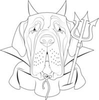 Halloween greeting card for coloring. Neapolitan Mastiff dog dressed as a devil with red horns and cape, and a black and red trident vector